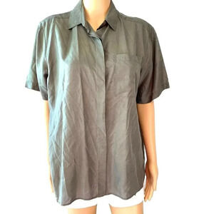Vintage Bijenkorf 100 Silk Khaki Buttons Up Blouse shirt women size 40/2X